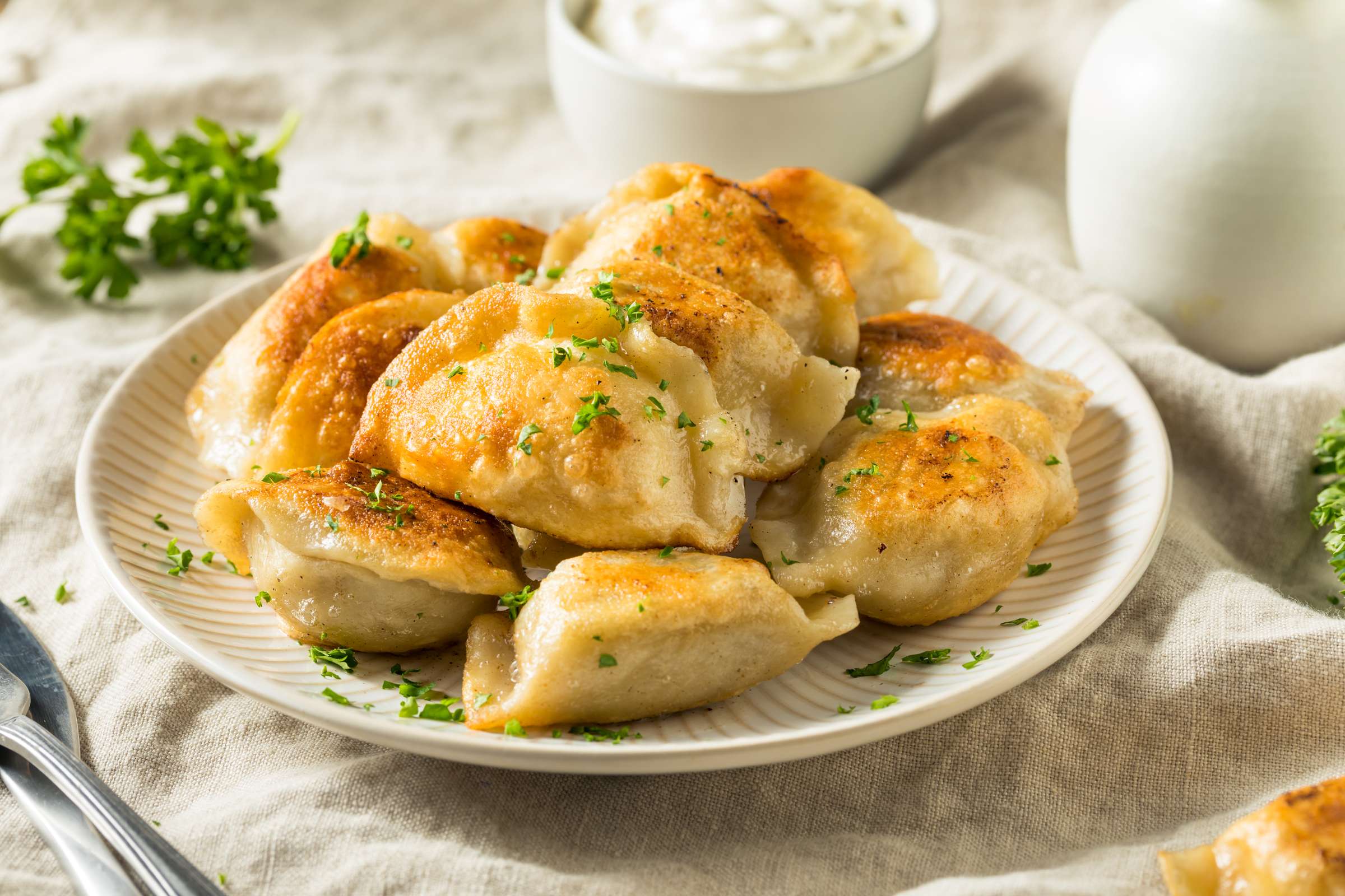 A plate of freshly made Pierogies Factory pierogies